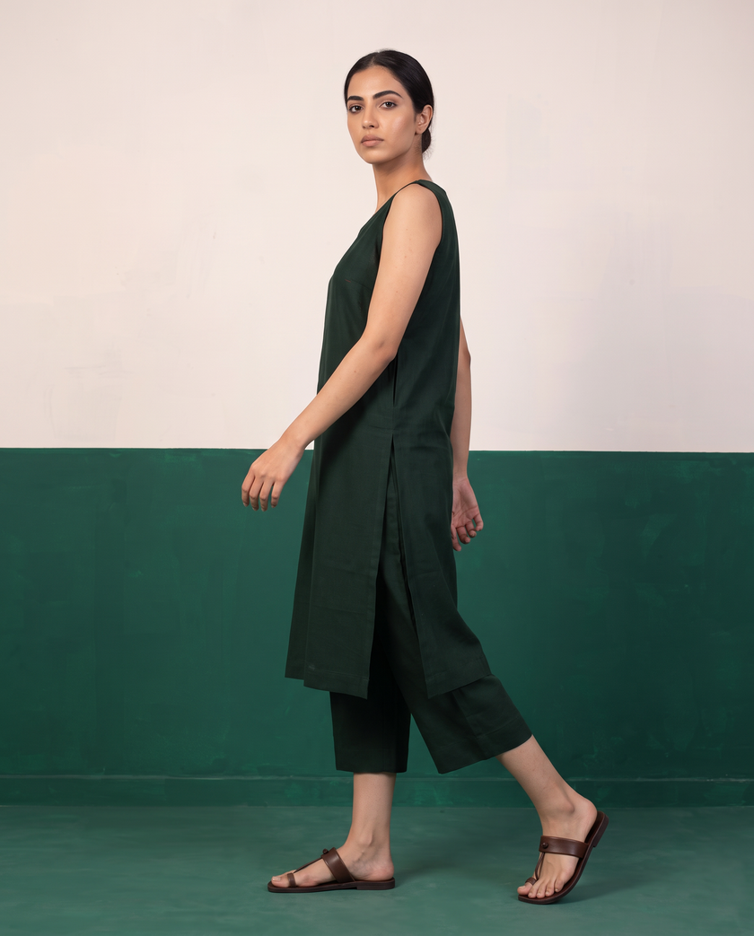 Forest Green Cotton Sleeveless Kurta & Culotte Set