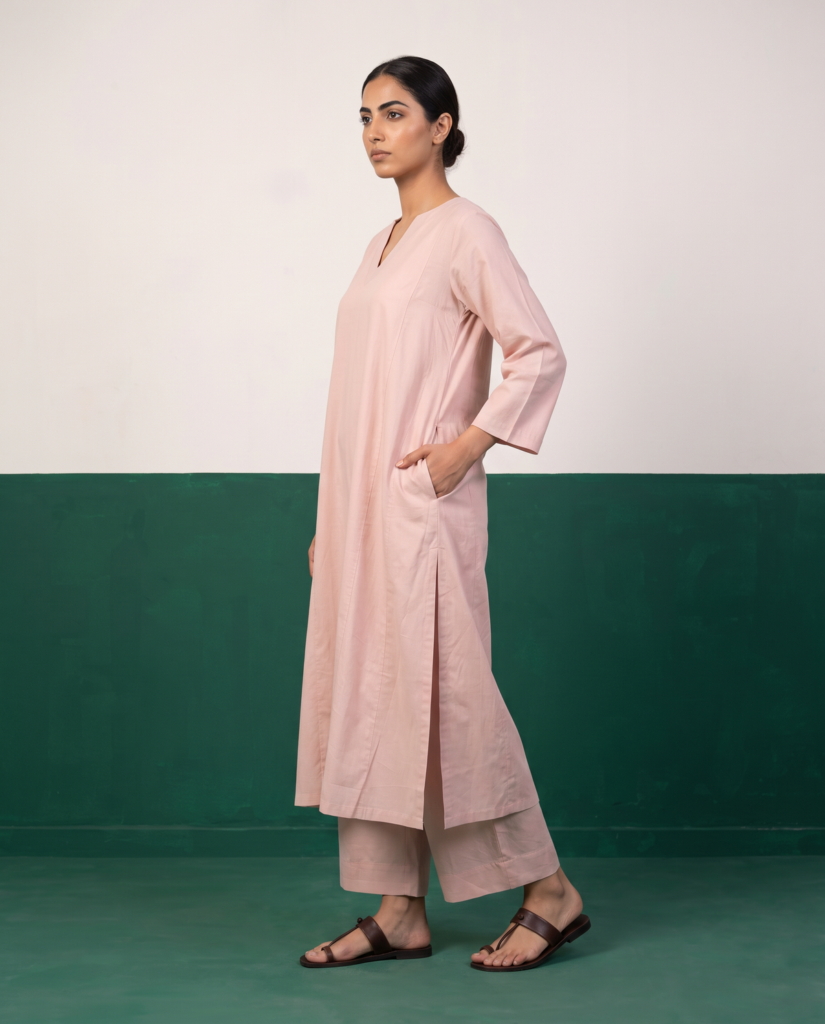 Blush Pink Notch-Neck Kurta & Wide-Leg Pants Co-ord Set