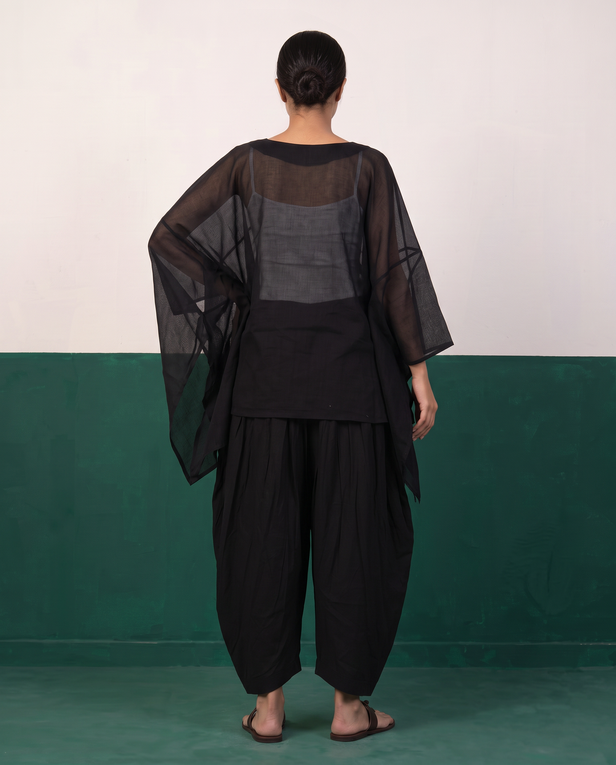 Black Sheer Cotton Kaftan Top & Draped Dhoti Pants Set
