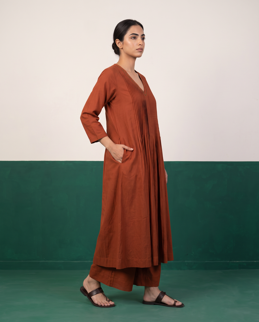 Rust Pleated Kurta & Pants Set