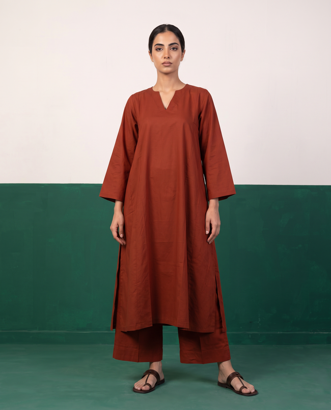 Rust Notch-Neck A-Line Kurta & Wide-Leg Pants Co-ord Set