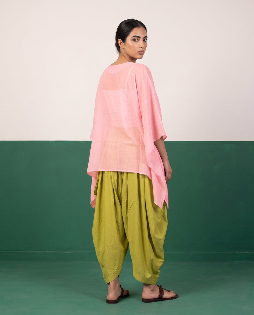 Pink Sheer Cotton Kaftan Top & Citron Dhoti Pants Set