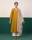 Mustard Printed Kurta, White Pants & Checkered Dupatta Set
