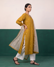 Mustard Printed Kurta, White Pants & Checkered Dupatta Set