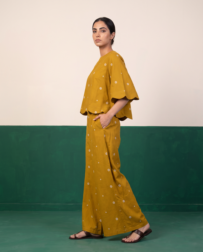 Mustard Floral Buti Scallop-Hem Top & Wide-Leg Pants Co-ord Set