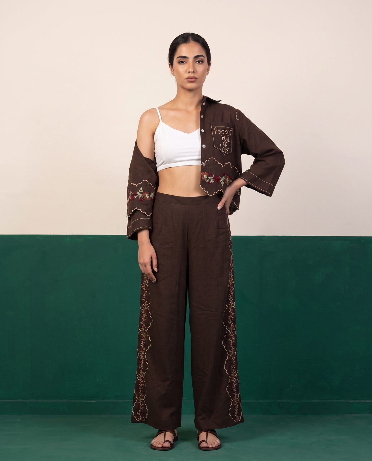 Brown Hand-Embroidered Cropped Jacket & Pants Set