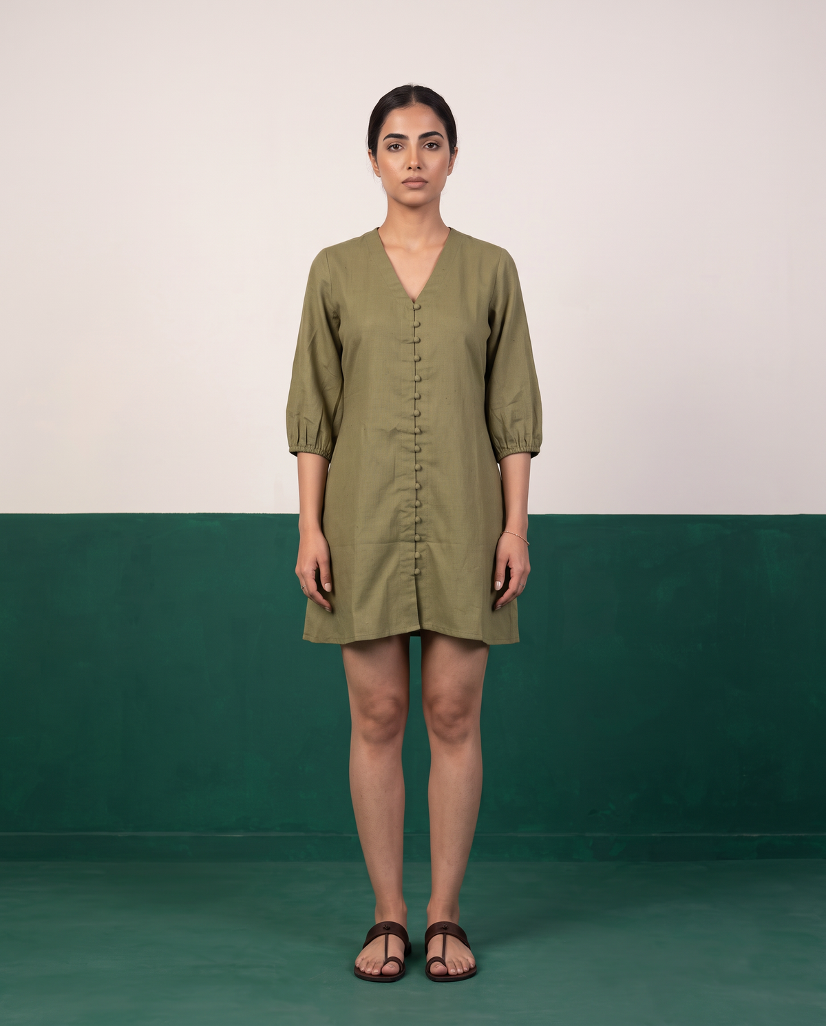 Olive Green Button-Down Cotton Dress