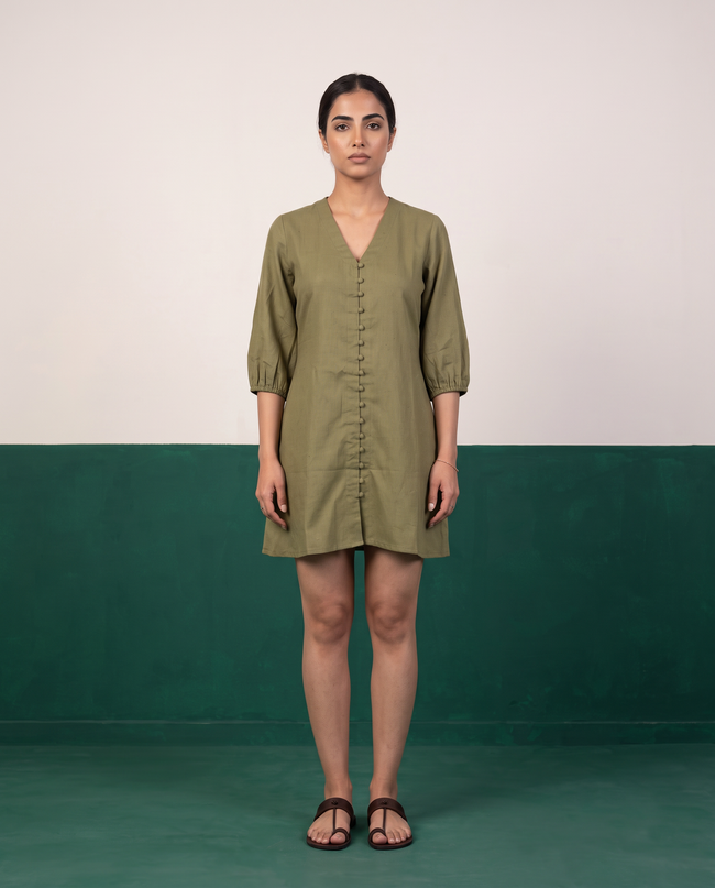 Olive Green Button-Down Cotton Dress