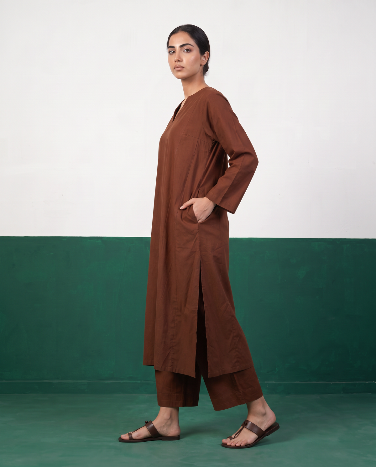 Chestnut Brown Notch-Neck Kurta & Wide-Leg Pants Co-ord Set