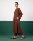 Chestnut Brown Notch-Neck Kurta & Wide-Leg Pants Co-ord Set