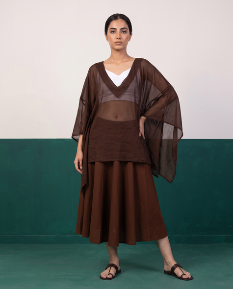 Chocolate Brown Sheer Kaftan Top & Flared Midi Skirt Set