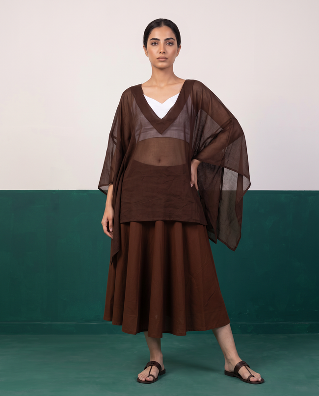 Chocolate Brown Sheer Kaftan Top & Flared Midi Skirt Set
