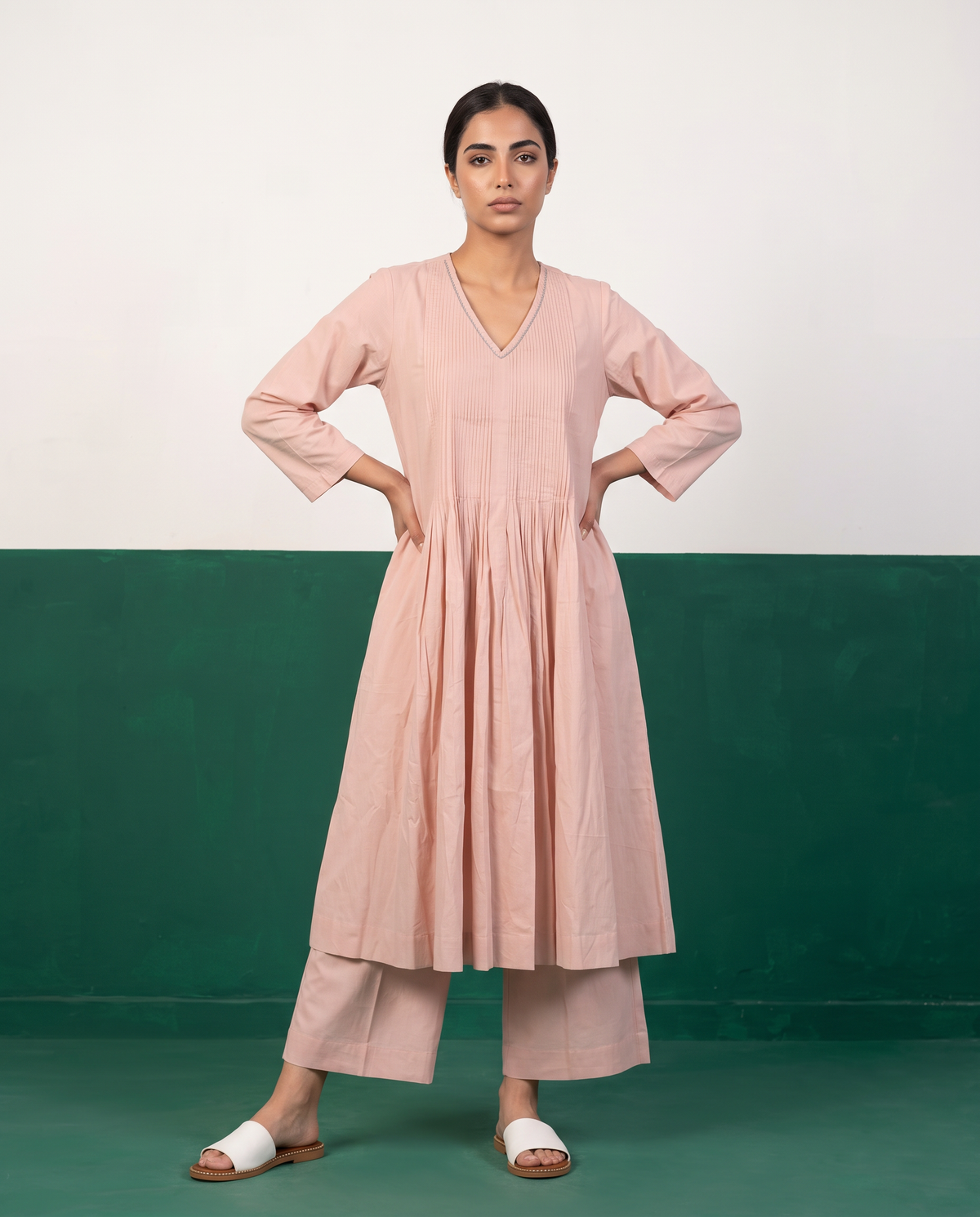 Blush Pink Pleated Pure Cotton Kurta Set
