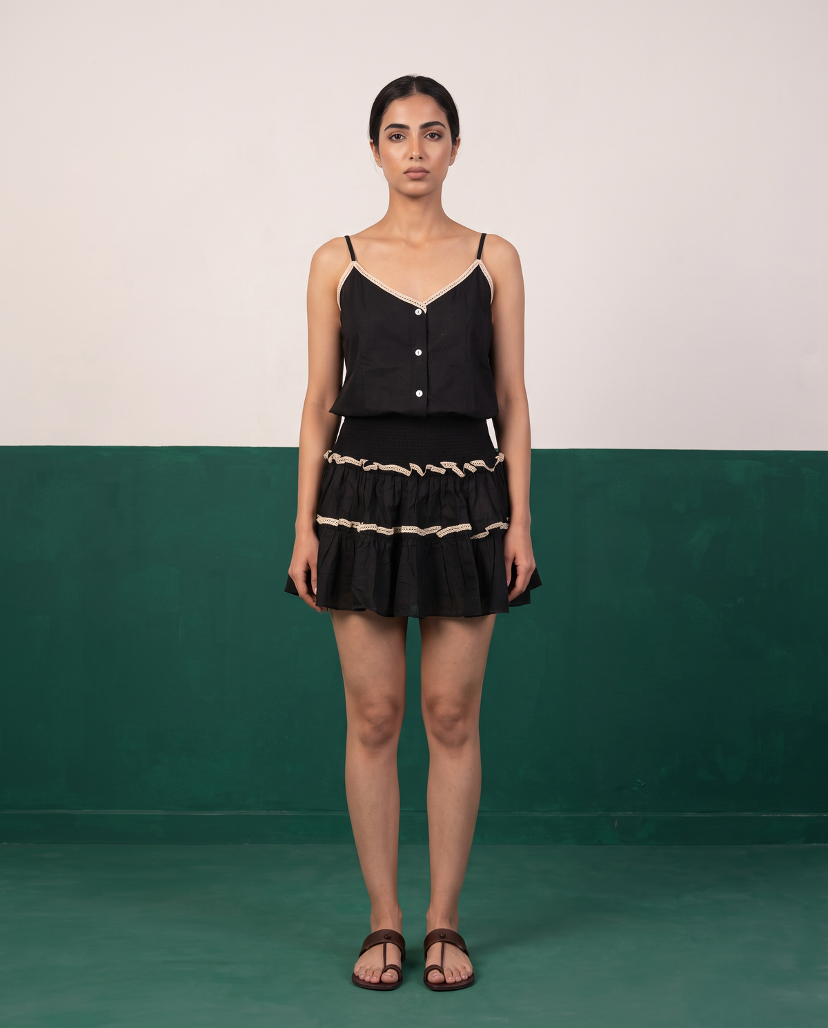 Black Cotton Camisole & Tiered Mini Skirt Set
