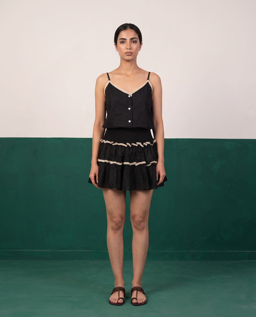 Black Cotton Camisole & Tiered Mini Skirt Set