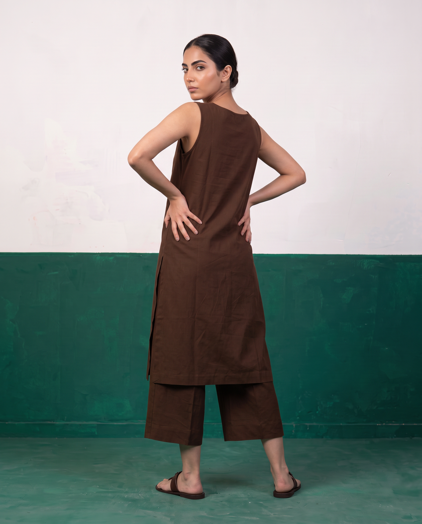 Chocolate Brown Sleeveless Longline Tunic & Culotte Pants Co-ord Set