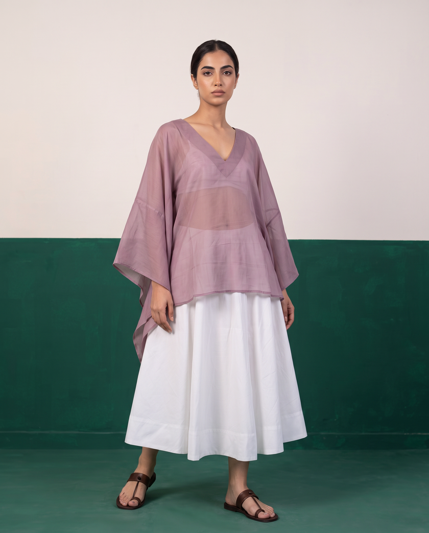 Sheer Mauve Kaftan Top & White Flared Midi Skirt Set