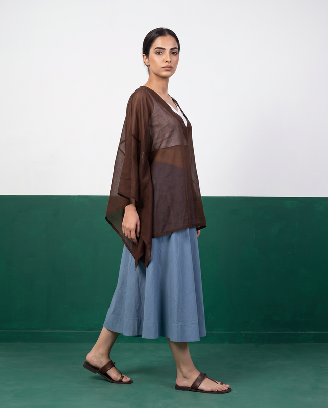 Sheer Chocolate Kaftan Top & Dusty Blue Flared Midi Skirt Set