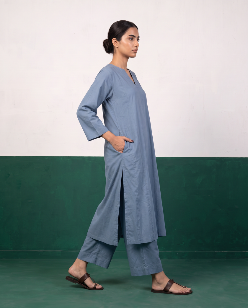 Dusty Blue Notch-Neck Kurta & Wide-Leg Pants Co-ord Set