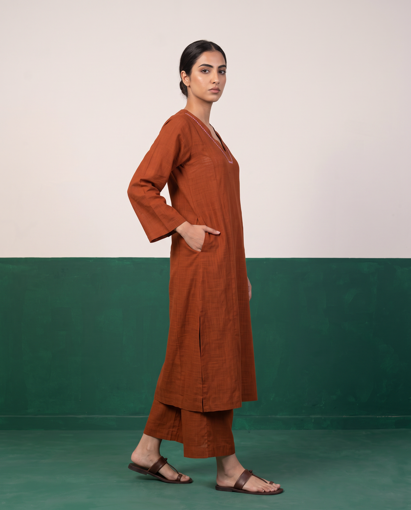 Rust Cotton Kurta & Wide-Leg Pants Set