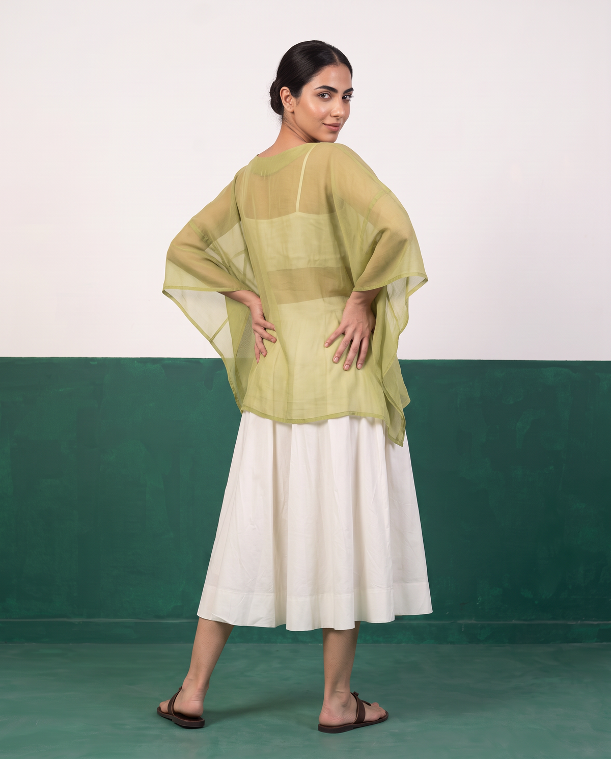 Sheer Pistachio Kaftan Top & Ivory Flared Midi Skirt Set