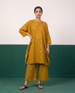 Mustard Floral Buti Kaftan Tunic & Wide-Leg Pants Co-ord Set