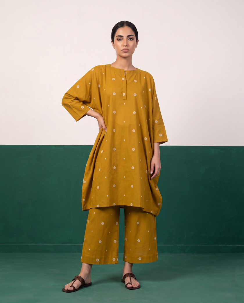 Mustard Floral Buti Kaftan Tunic & Wide-Leg Pants Co-ord Set