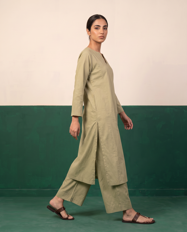 Sage Green Notch-Neck Kurta & Wide-Leg Pants Co-ord Set
