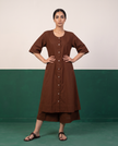 Chestnut Brown Button-Down A-Line Kurta & Wide-Leg Culotte Co-ord Set