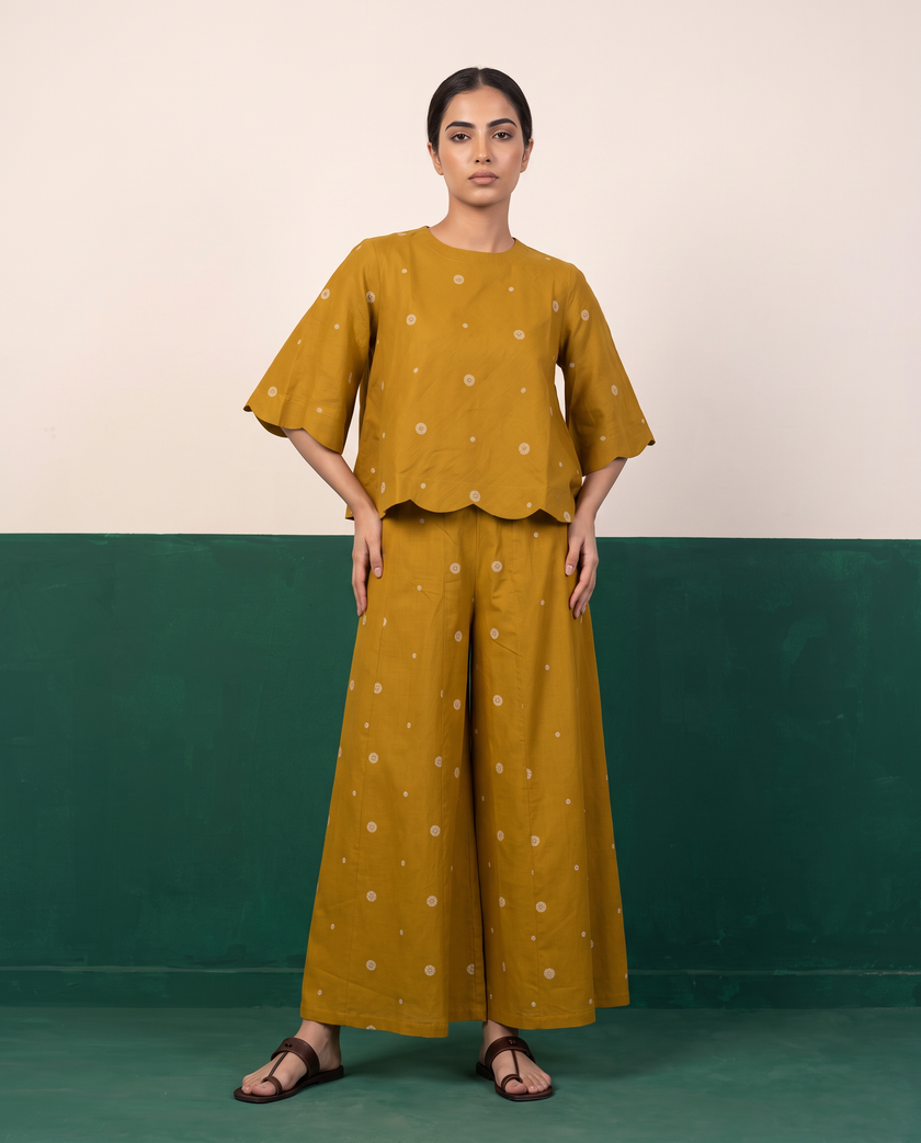 Mustard Floral Buti Scallop-Hem Top & Wide-Leg Pants Co-ord Set