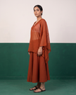 Sheer Kaftan Top & Flared Midi Skirt Set in Rust