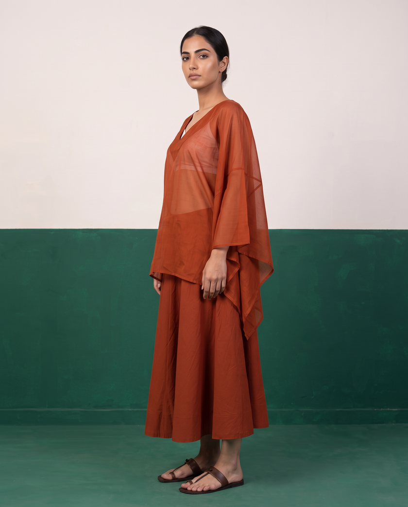 Sheer Kaftan Top & Flared Midi Skirt Set in Rust