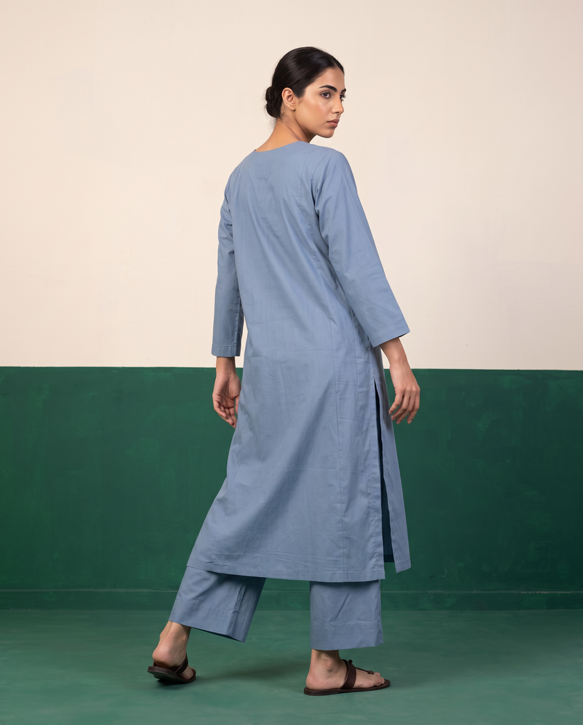 Dusty Blue Notch-Neck Kurta & Wide-Leg Pants Co-ord Set