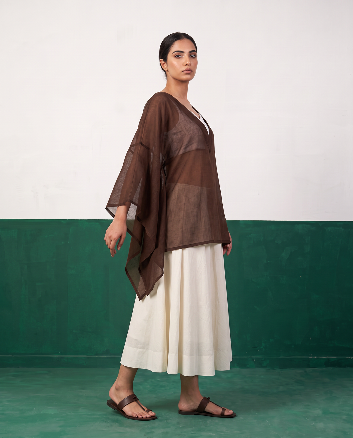 Sheer Chocolate Kaftan Top & Ivory Flared Midi Skirt Set