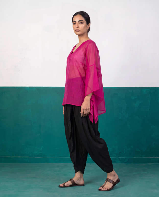 Fuchsia Sheer Cotton Kaftan Top & Black Dhoti Pants Set