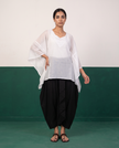 White Sheer Cotton Kaftan Top & Black Draped Skirt Set