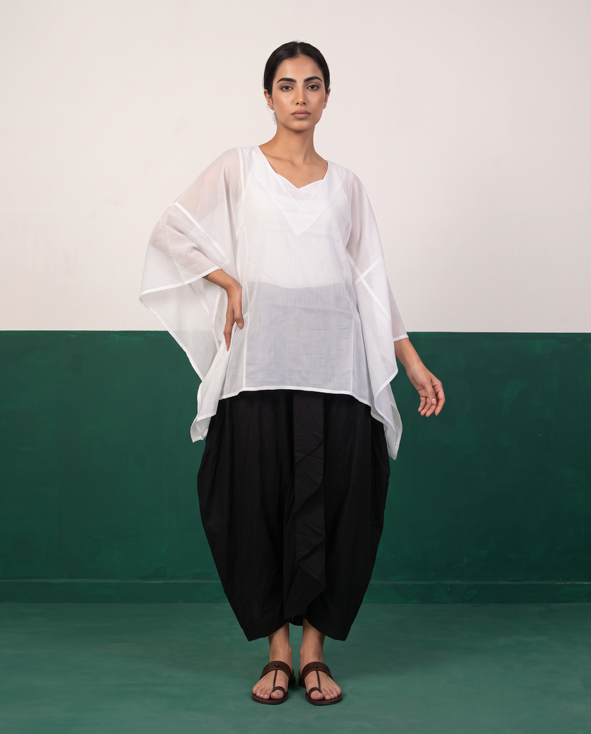 White Sheer Cotton Kaftan Top & Black Draped Skirt Set