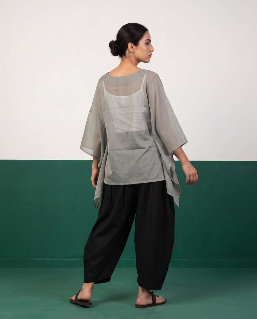 Sage Sheer Cotton Kaftan Top & Black Draped Skirt Set