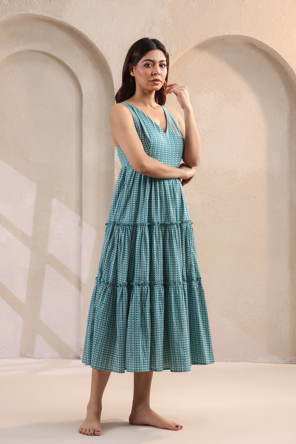 Wave Whisperer Teal Blue Cotton Dress