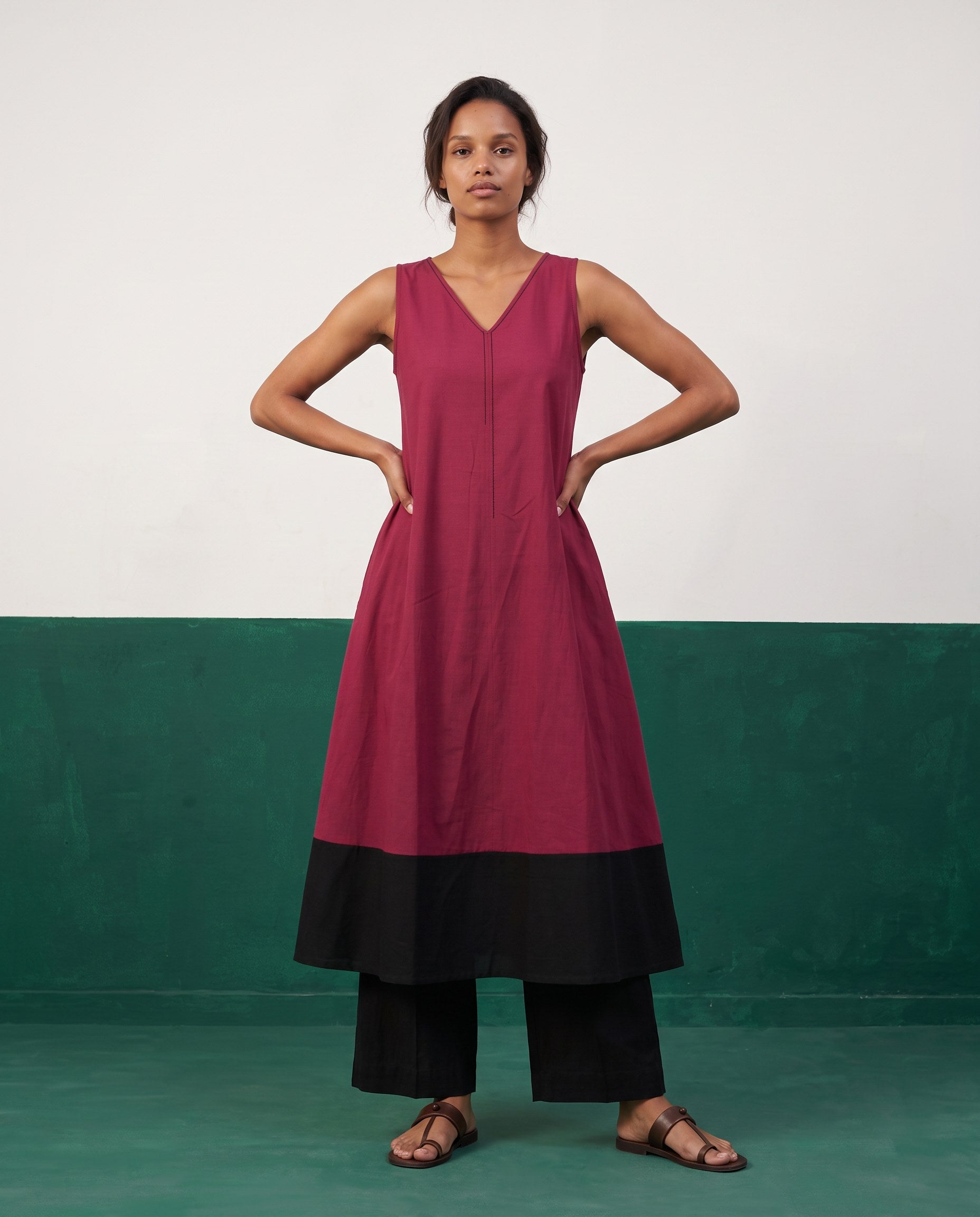 Magenta & Noir Colour-Block Kurta & Palazzo Set - View 3