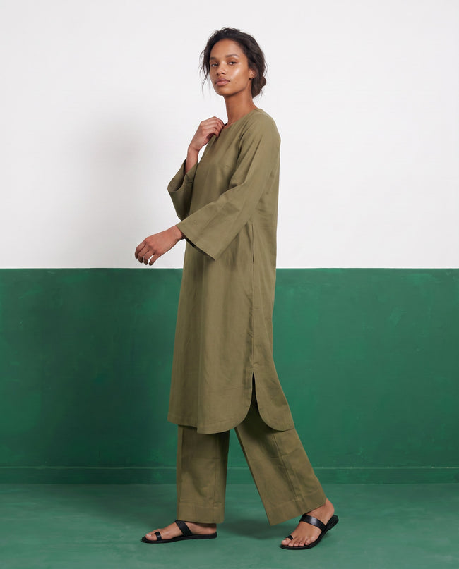 Khaki Canvas Three-Quarter Sleeve Kurta & Palazzo Co-ord Set - View 1