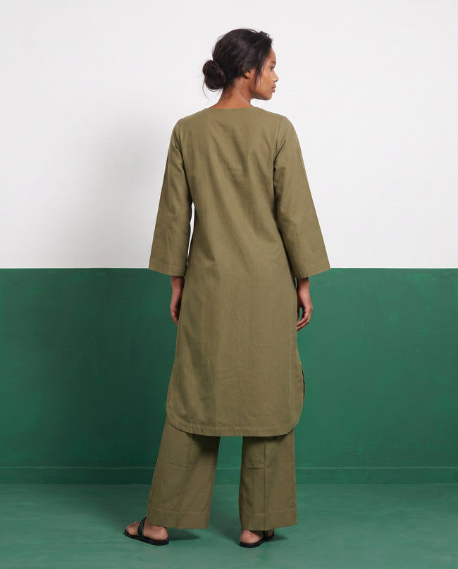 Khaki Canvas Three-Quarter Sleeve Kurta & Palazzo Co-ord Set - View 2