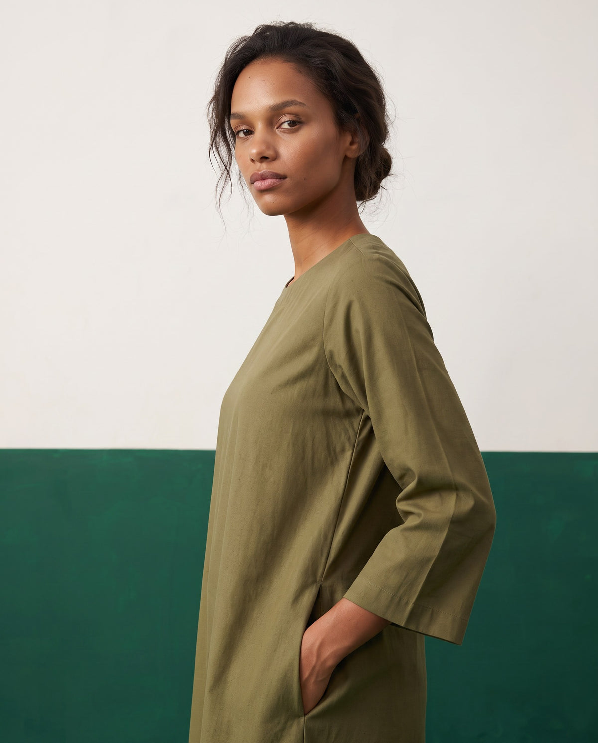 Khaki Canvas Three-Quarter Sleeve Kurta & Palazzo Co-ord Set - View 3
