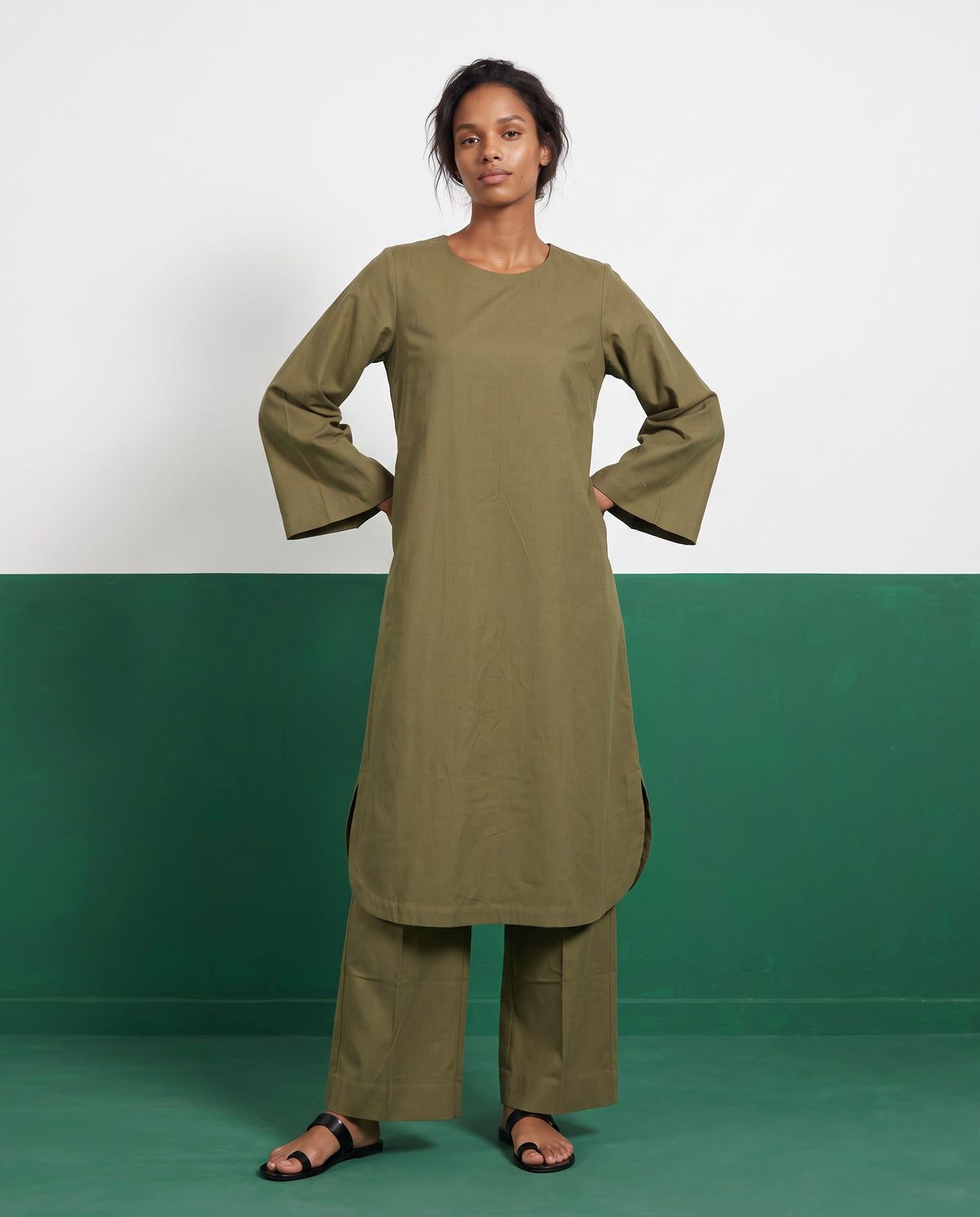 Khaki Canvas Three-Quarter Sleeve Kurta & Palazzo Co-ord Set - View 4