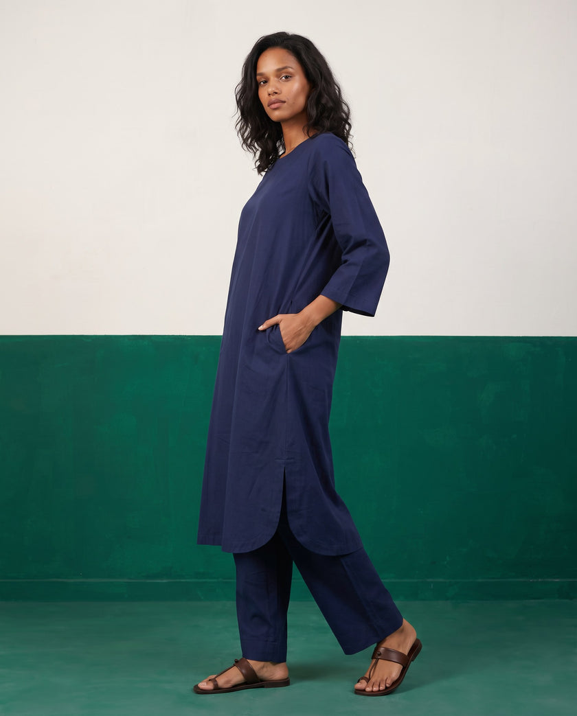 Ink Blue Three-Quarter Sleeve Kurta & Palazzo Co-ord Set - View 1