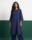 Ink Blue Three-Quarter Sleeve Kurta & Palazzo Co-ord Set - View 3