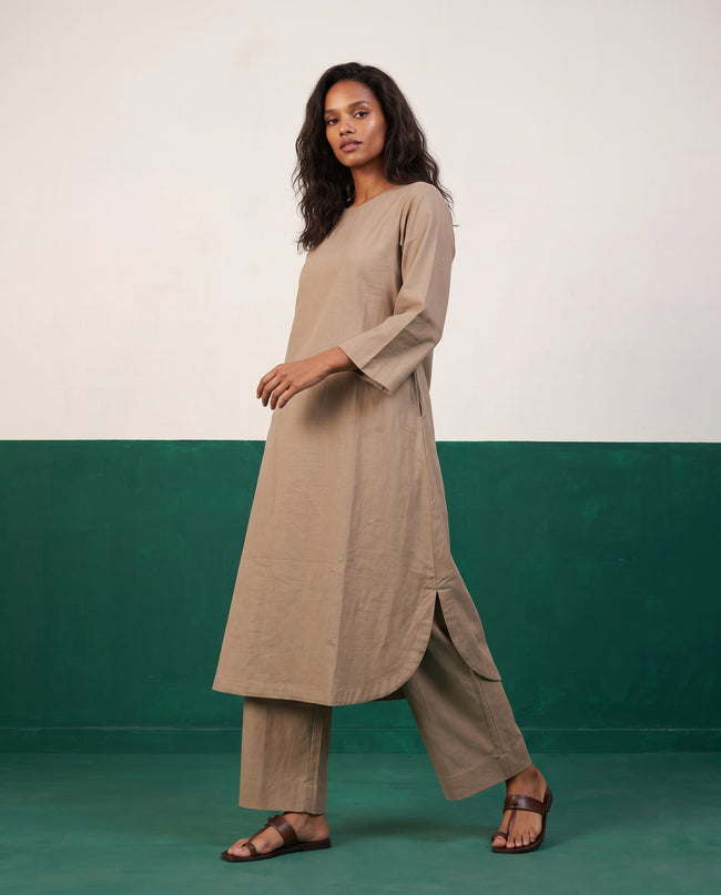 Warm Taupe Three-Quarter Sleeve Kurta & Palazzo Co-ord Set - View 1