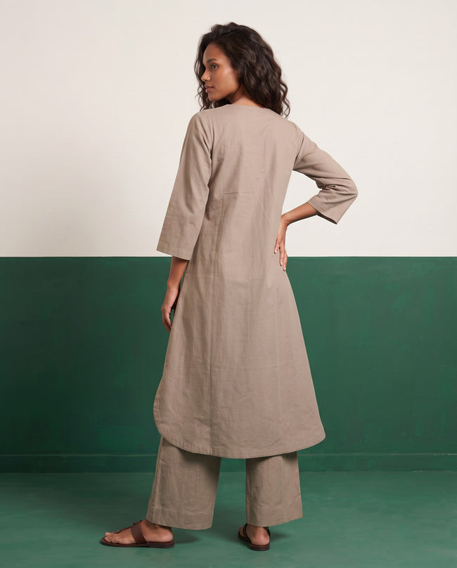 Warm Taupe Three-Quarter Sleeve Kurta & Palazzo Co-ord Set - View 2