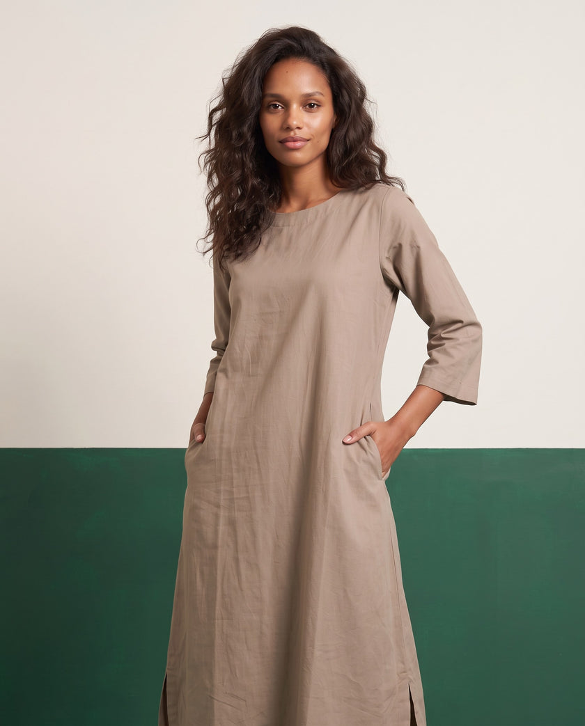 Warm Taupe Three-Quarter Sleeve Kurta & Palazzo Co-ord Set - View 3