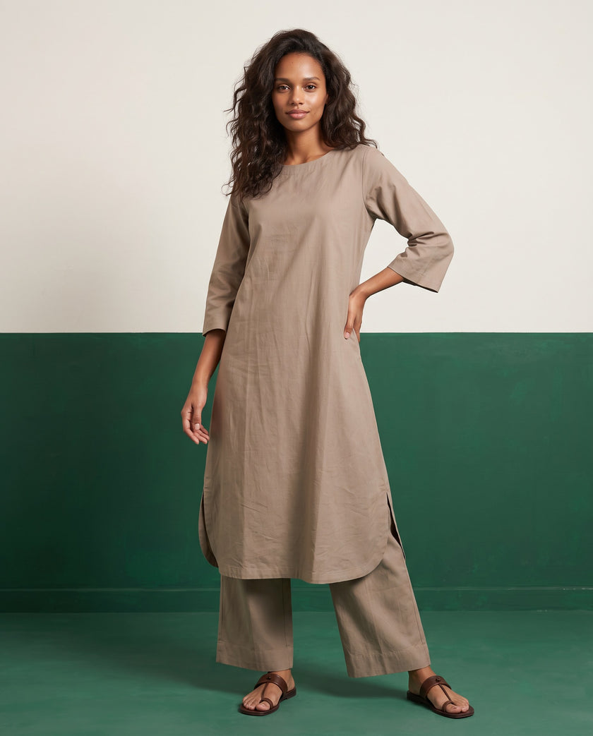 Warm Taupe Three-Quarter Sleeve Kurta & Palazzo Co-ord Set - View 4